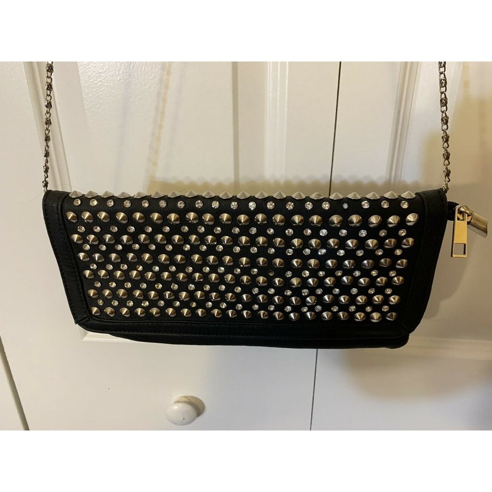 Evening bag-black clutch with snap closure With chain strap Studded‎ Faux Gems